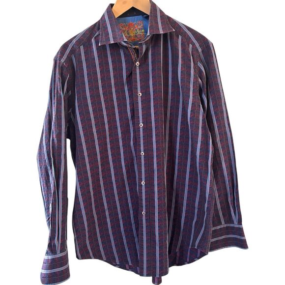 Robert Graham Men Dress Shirt Sized Med Purple Striped Flip Cuff Preppy Designer - Picture 1 of 16